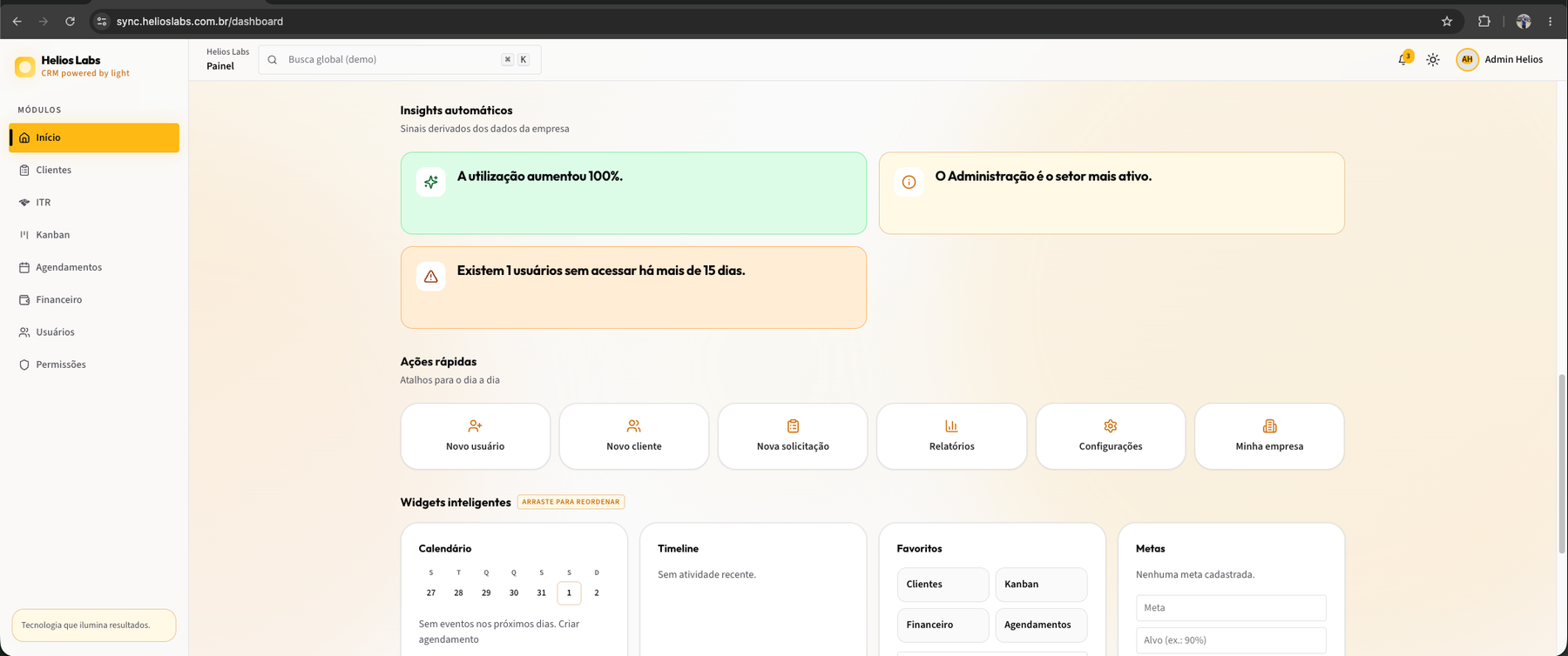 Dashboard Helios Labs — painel administrativo com insights, ações rápidas e widgets